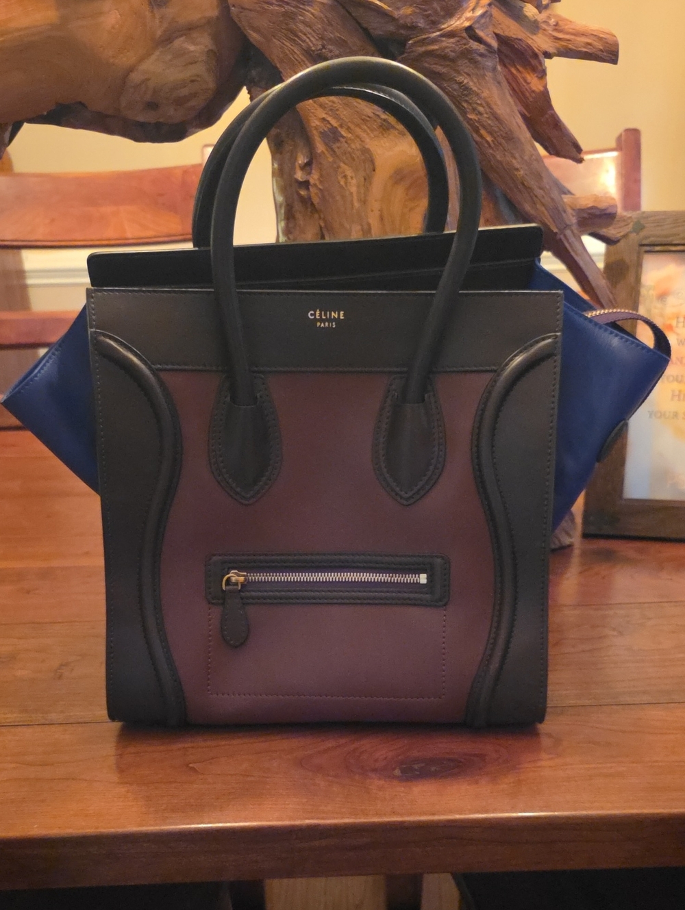 Celine Tricolor Leather Mini Luggage Tote - Brown/Maroon/Blue